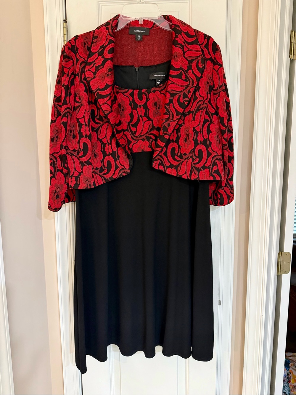 R&M Richards Red Floral Cropped Jacket with Black Midi Skirt, Size 18